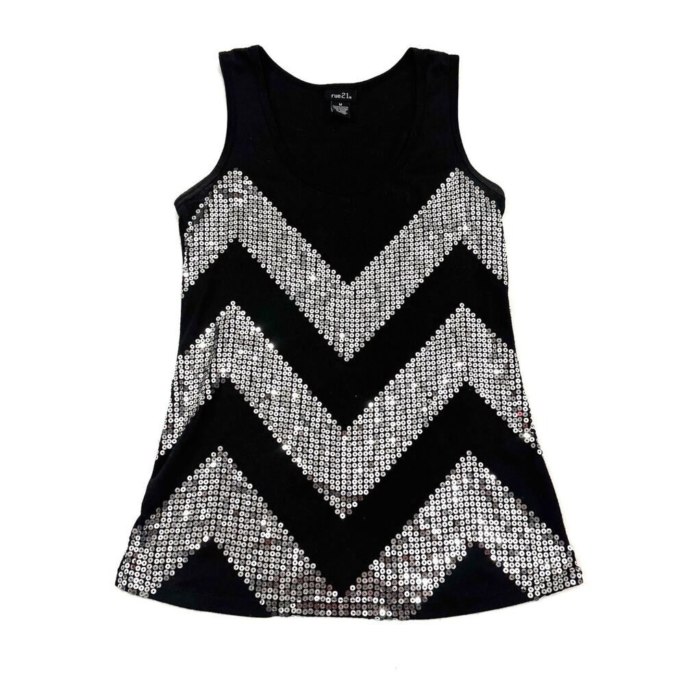 Vintage Y2K Rue21 Black Silver Sequined Tank Top Size M Glam McBling Club